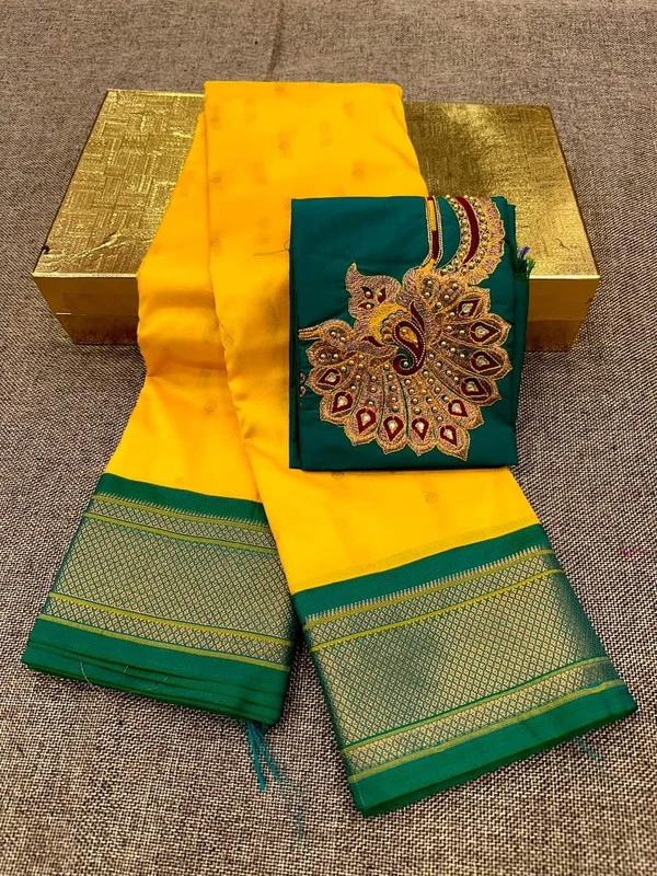 Yellow & Green Semi Silk Paithani Saree with Peacock Embroidery Blouse