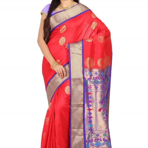 Paithani Pure Silk in Tomato Red with Voilet Contrast Border Meena Butta Saree with Silk Mark