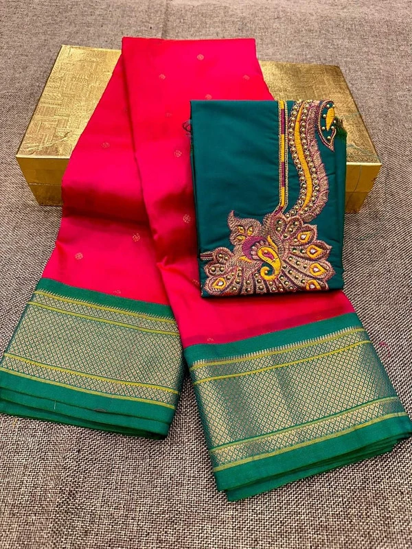 Pink & Green Semi Silk Paithani Saree with Peacock Embroidery Blouse