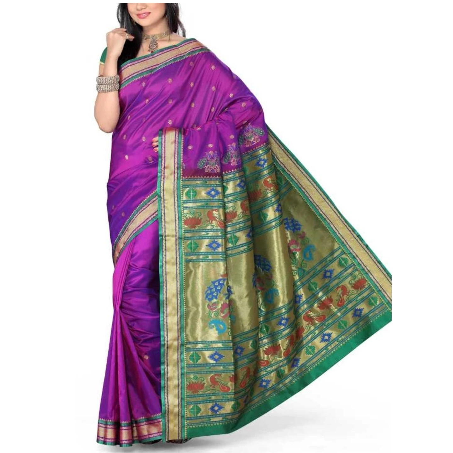 Magenta and Green Small Border Woven Paithani Art Silk Saree