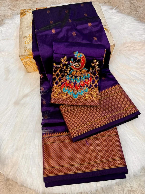 Heritage Self Magenta Semi Silk Paithani Saree with Peacock Embroidery Designer Blouse