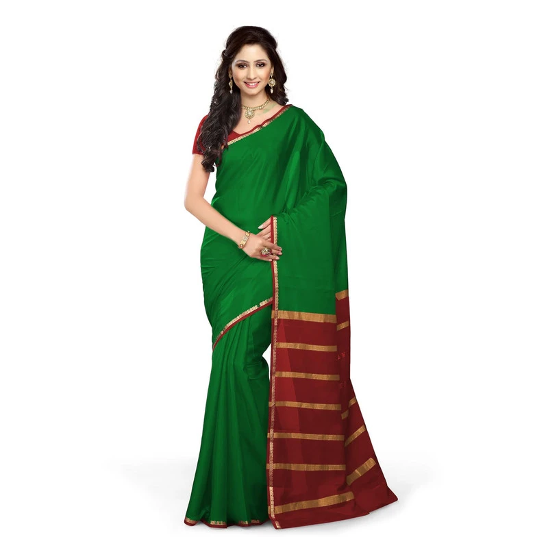 Pure Mysore Silk saree in Leaf Green and Red Contrast Mango Border