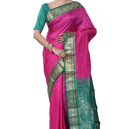 Dark Rani Pink and Green Contrast Traditional Kanchipuram Pure Silk Saree