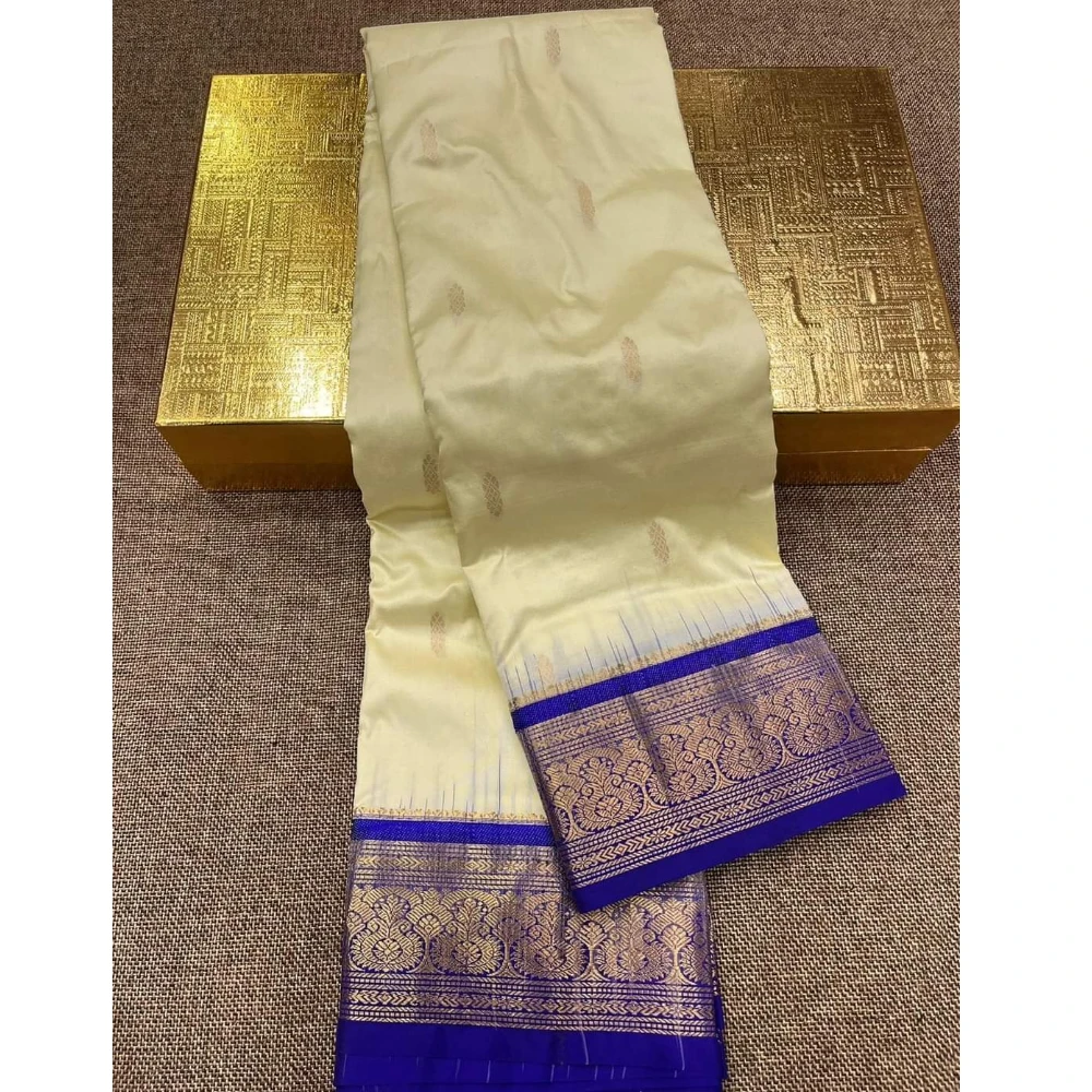 Kanchipuram Pure Silk Saree off white with Violet