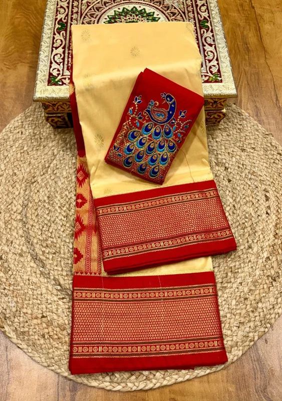 Off WHite and Marron Semi Silk Paithani Saree with Peacock Embroidery Designer Blouse