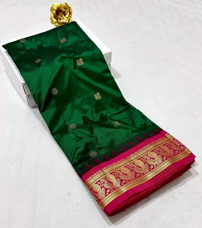 Bottle Green Gadwal Paithani Silk Pure Silk Saree with Rich Contrast Rani  Border