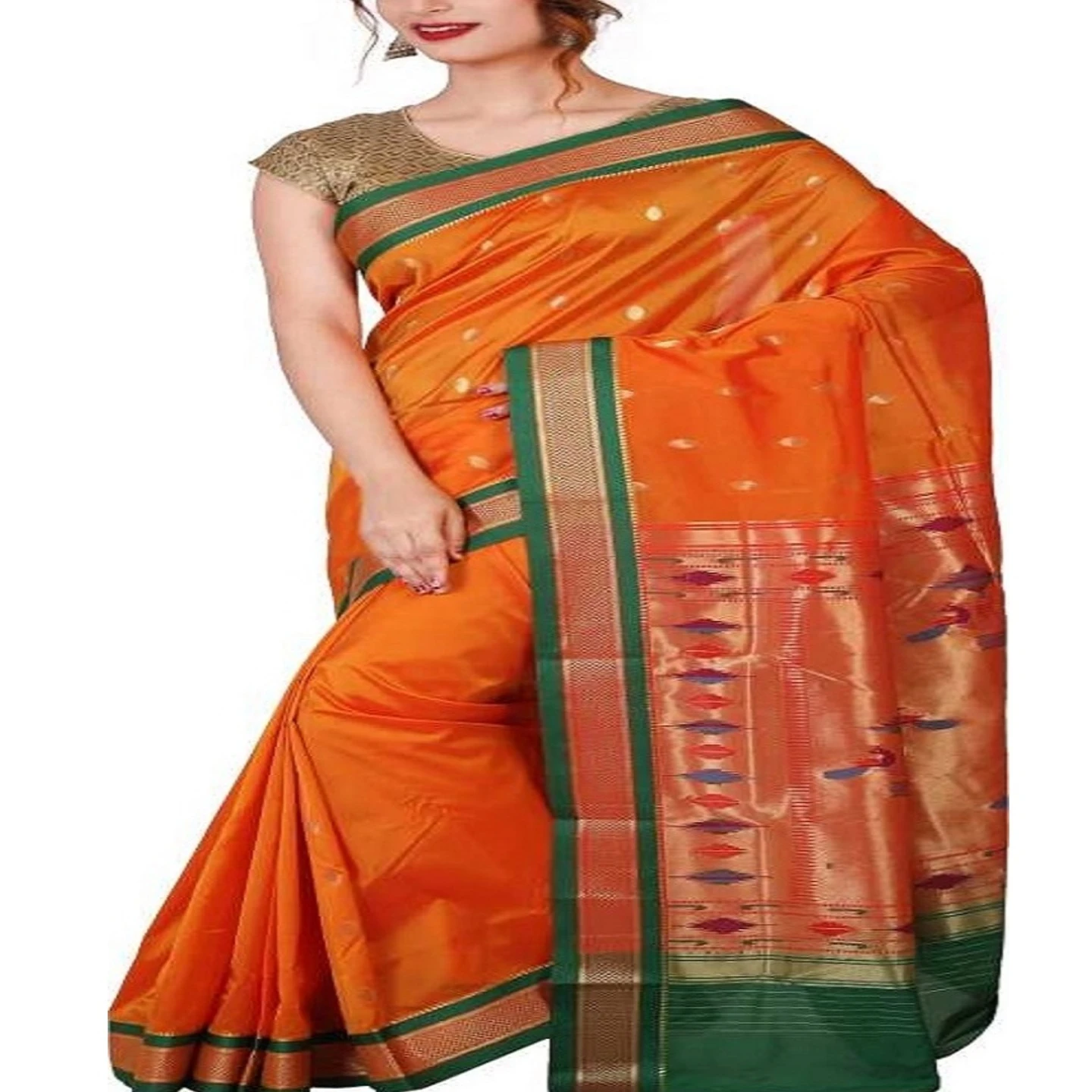 Orange and Green Small Border Woven Paithani Art Silk Saree