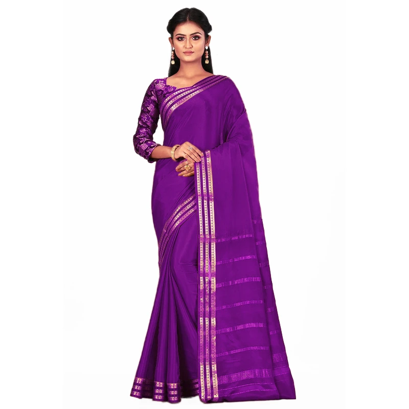 Violet Self Coloured Three Lines Border Pure Mysore Silk Saree with silk Mark