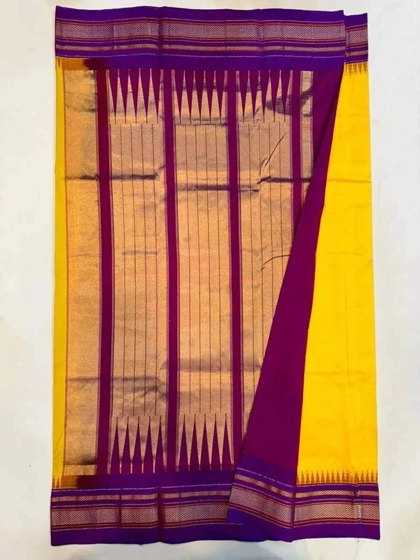 Golden Yellow and Magenta Border - Traditional Handwoven Ilkaal Saree