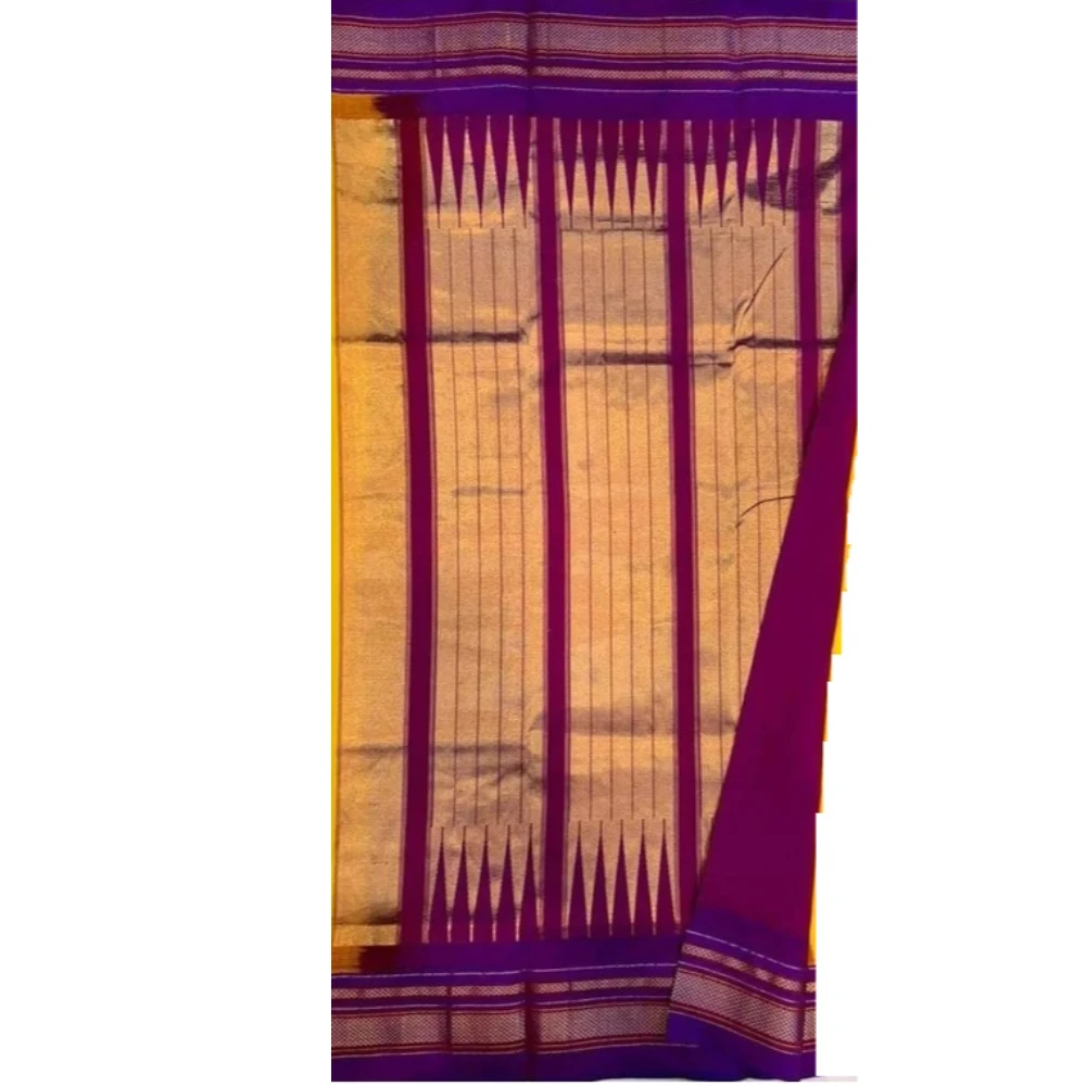 Pure Ilkaal Checks saree in Yellow & Purple with zari border and traditional woven patterns
