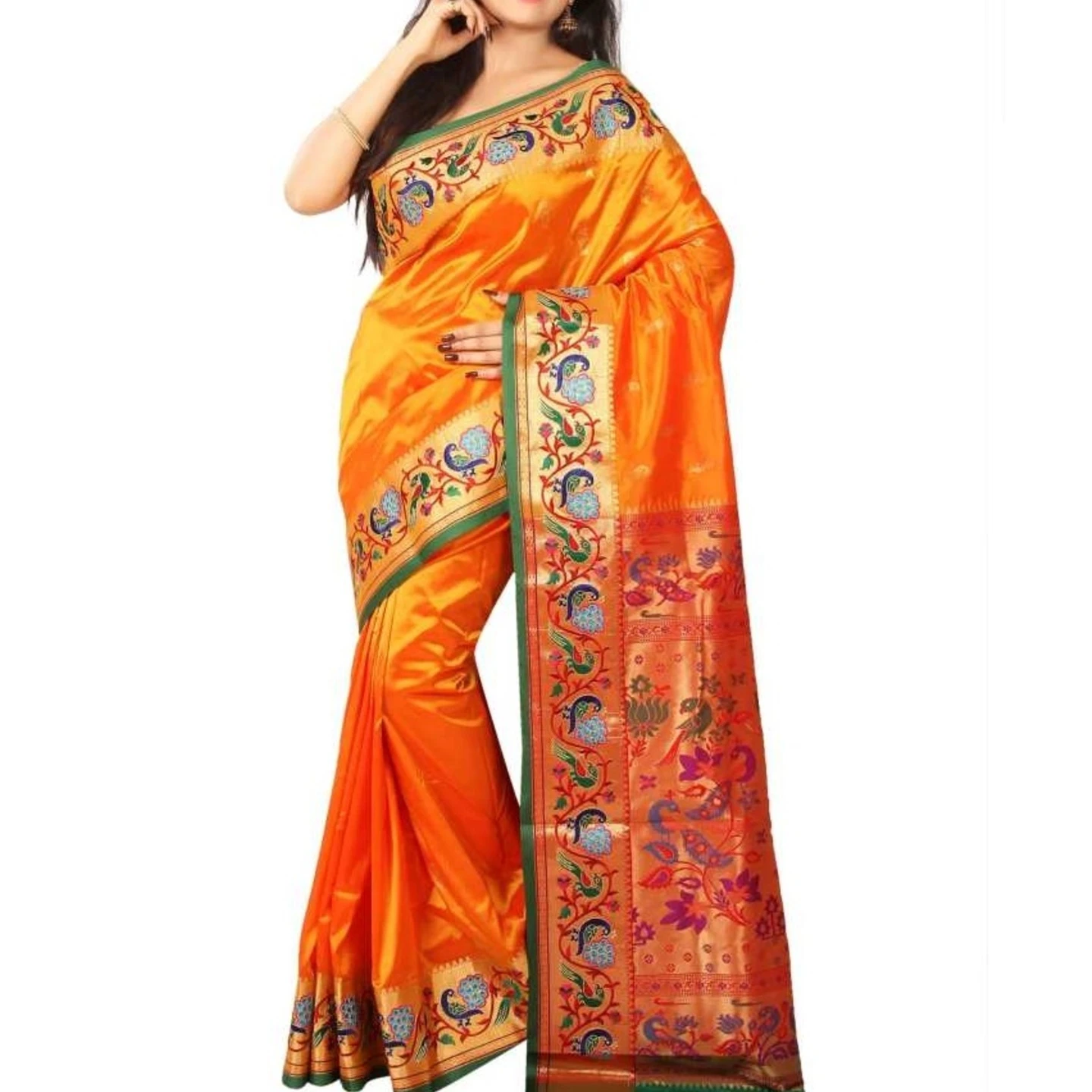 Orange and Green Embroidery Border Paithani Art Silk Saree