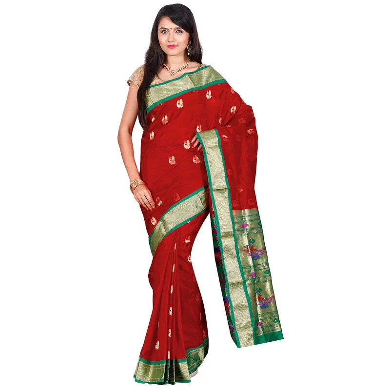 Handwoven Paithani Pure Silk Red and Green Border Saree with Silk Mark