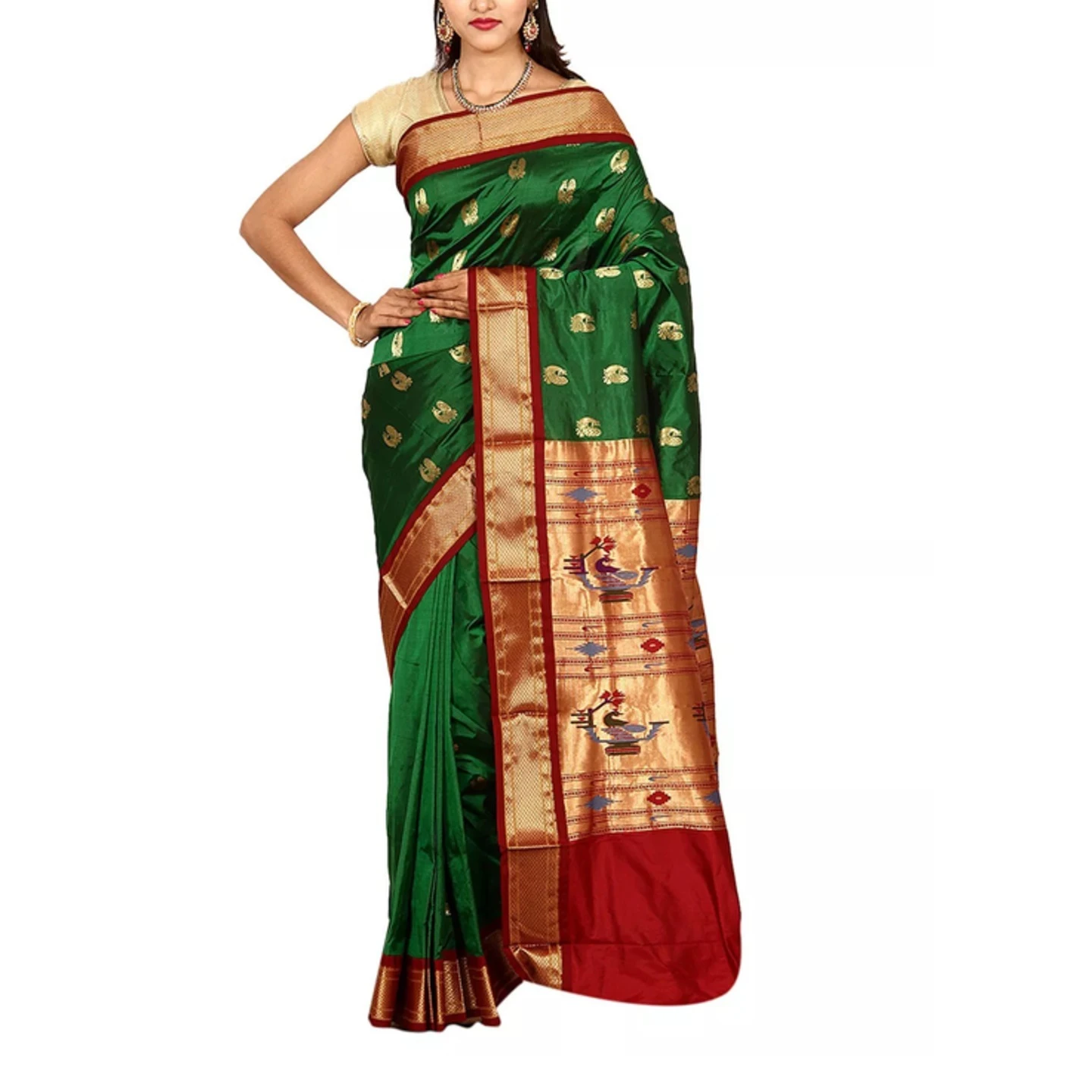 Paithani Pure Silk in Bottle Green with Red Contrast Border Meena Butta Saree with Silk Mark