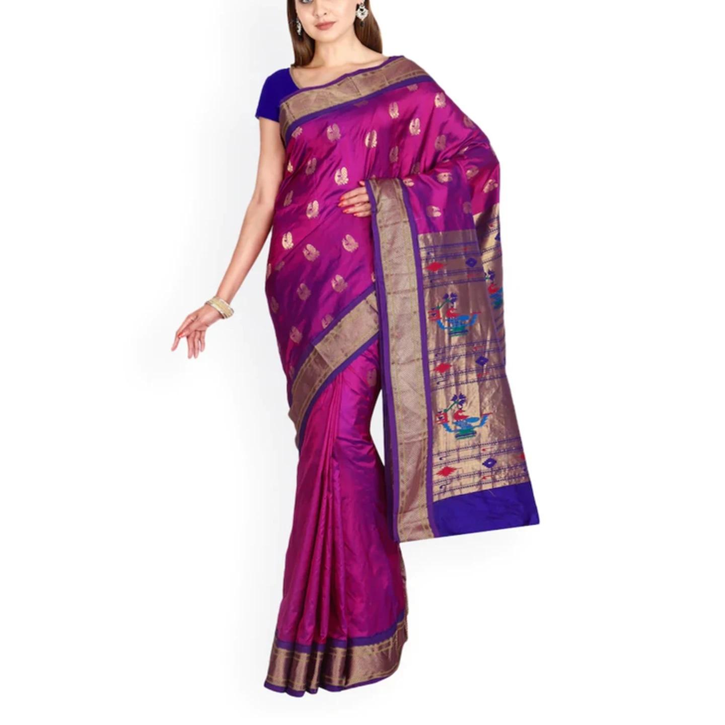 Paithani Pure Silk  Magenta and Voilet Border Saree with Silk Mark