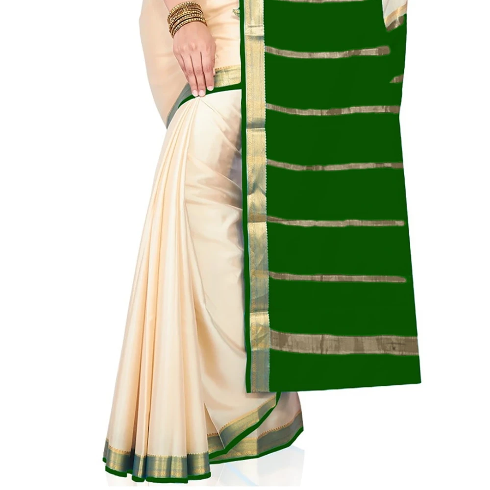 Tussar Cream with Green Contrast Onam Special Pure Mysore Silk Handwoven saree