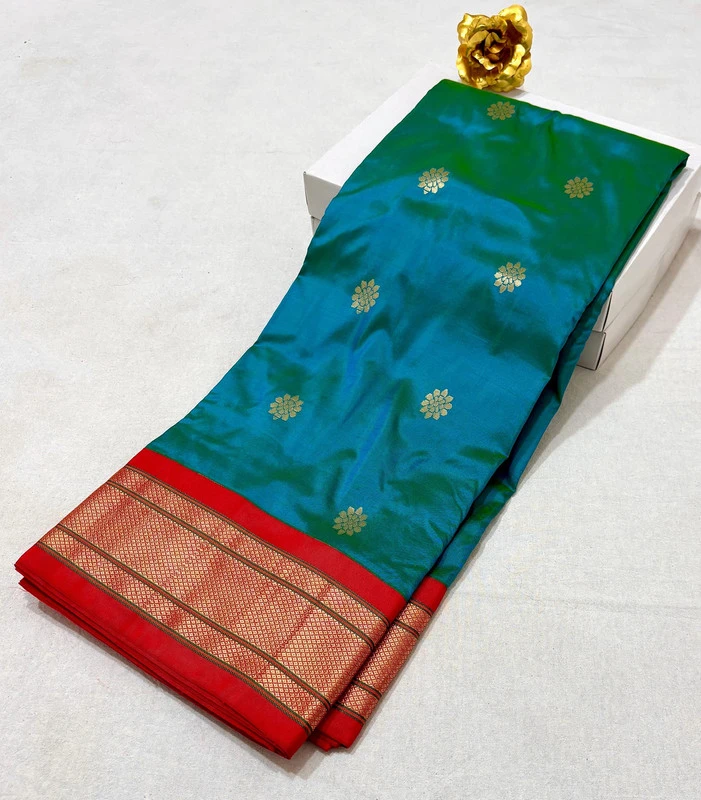 Dual Tone Teal-Green Pure Silk Paithani Saree with Gold Lotus Buti & Vibrant Red Zari Border