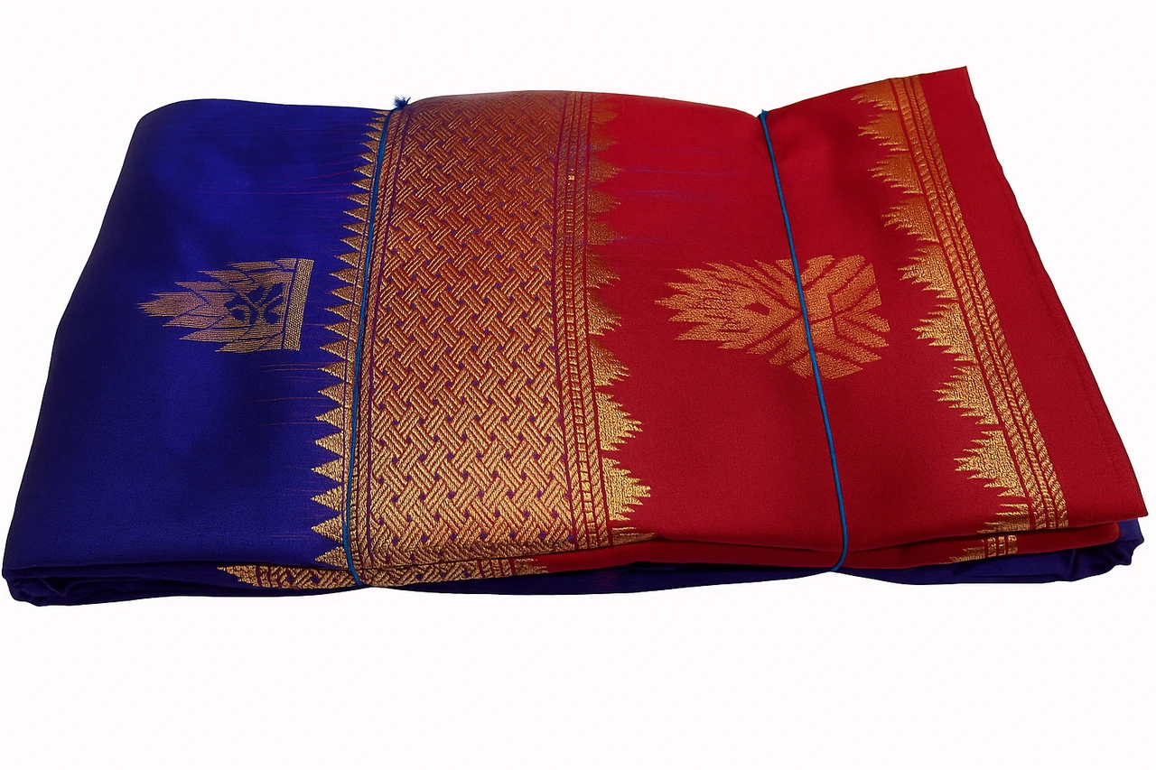 Royal Blue & Red  Contrast Exclusive Kanchipuram Pure Silk Saree with Bentex Zari Border
