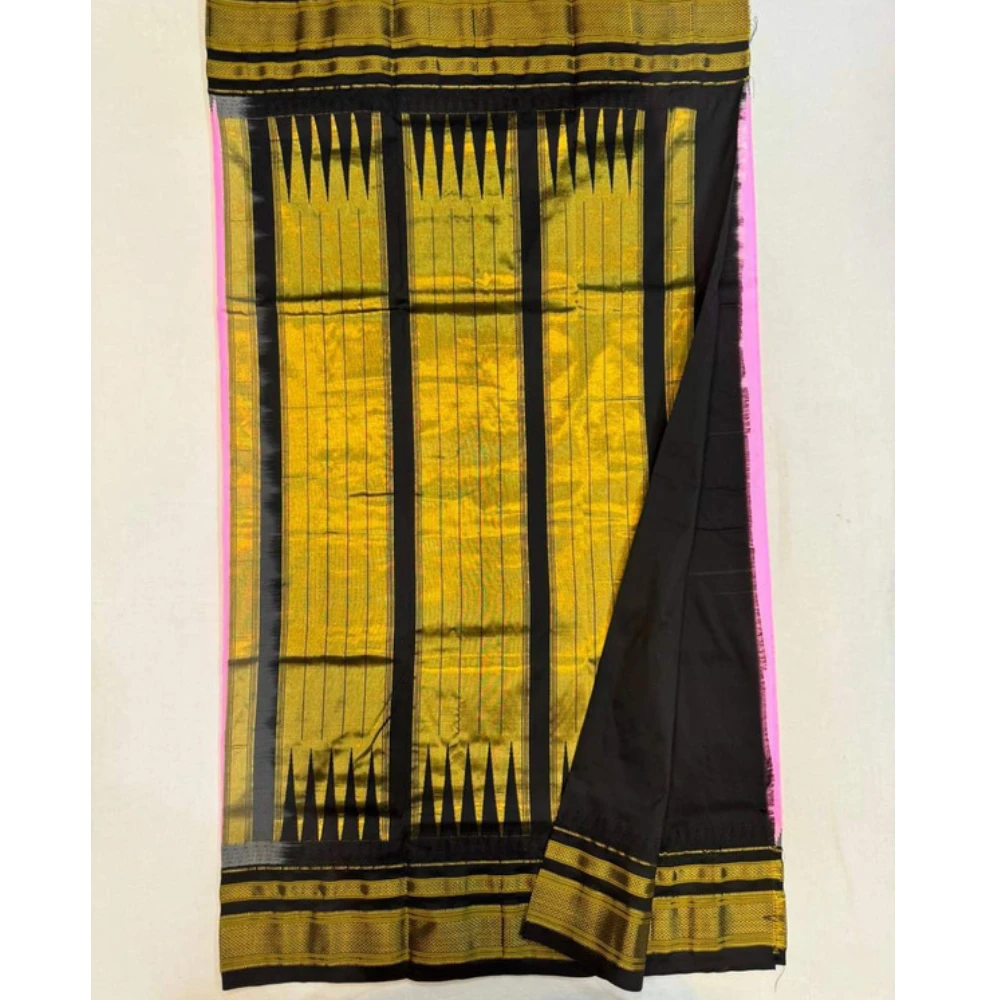 Yellow Ilkaal Butta pure silk saree with zari border and traditional woven patterns