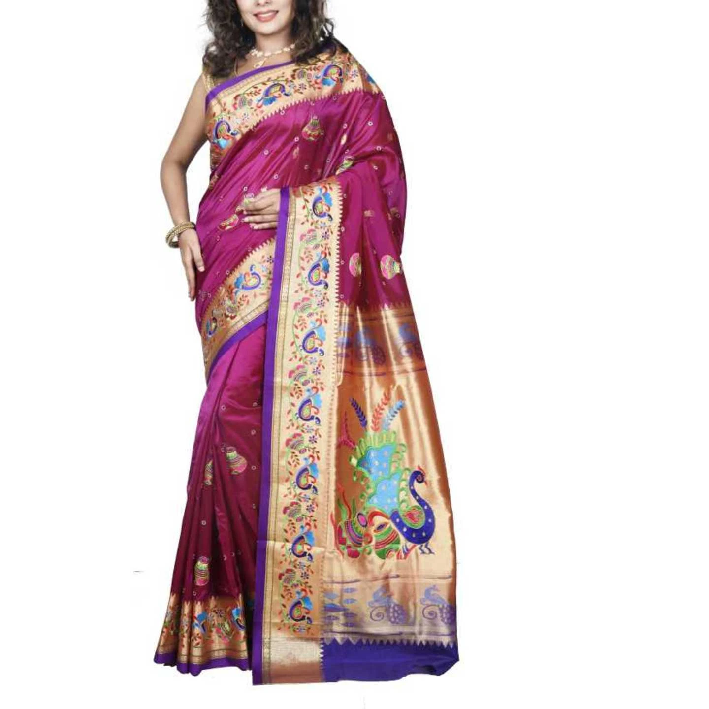 Magenta and Voilet Allover Embroidery Fancy Paithani Art Silk Saree