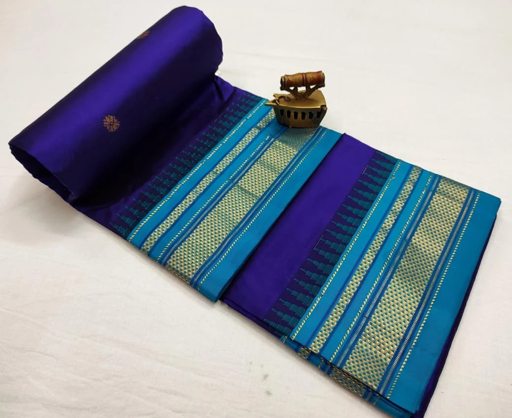 Royal Blue Peach Ilkaal Butta pure silk saree with zari border and traditional weaving