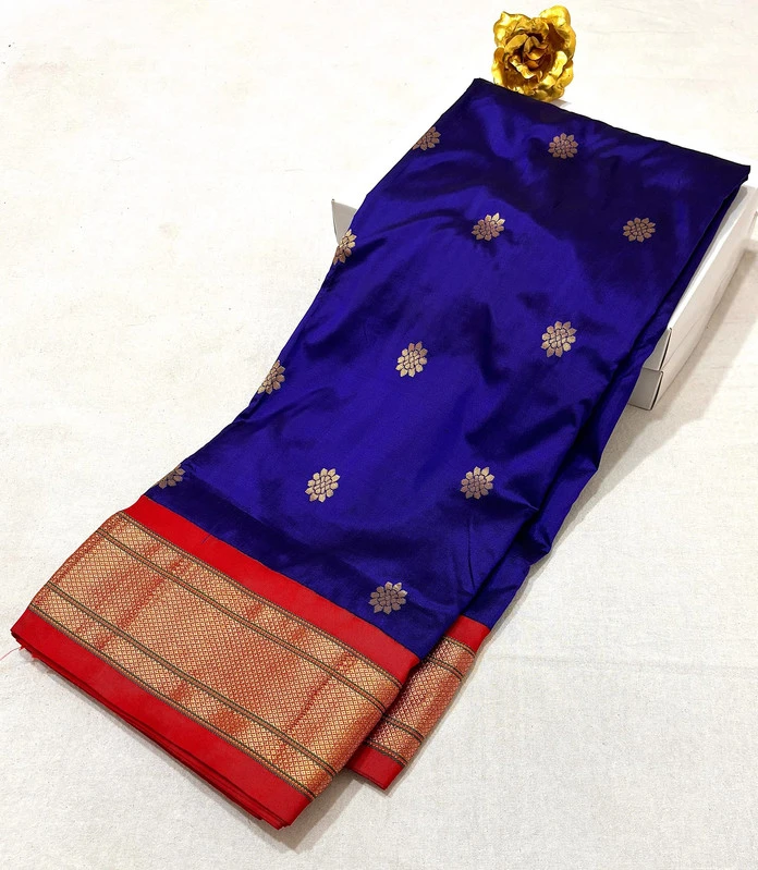 Navy Blue Pure Silk Paithani Saree with Gold Lotus Buti & Vibrant Red Zari Border