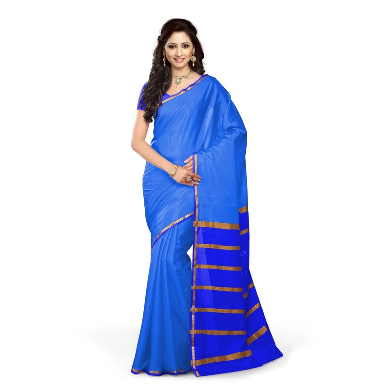 Pure Mysore Silk Saree in Anandha Blue and Royal Blue Contrast Mango Border