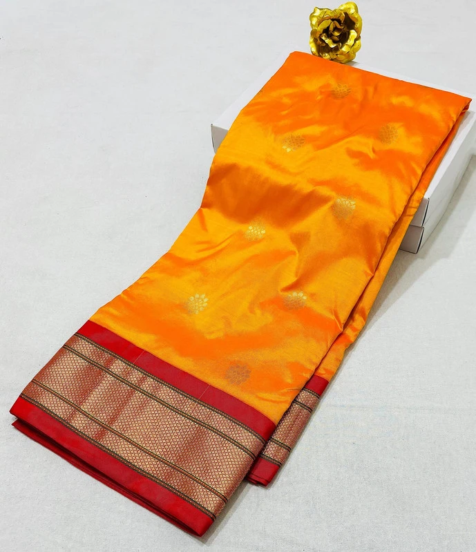Bright Orange Pure Silk Paithani Saree with Gold Lotus Buti & Deep Red Zari Border