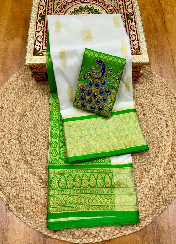 Heritage White and Green Semi Silk Paithani Saree with Peacock Embroidery Designer Blouse