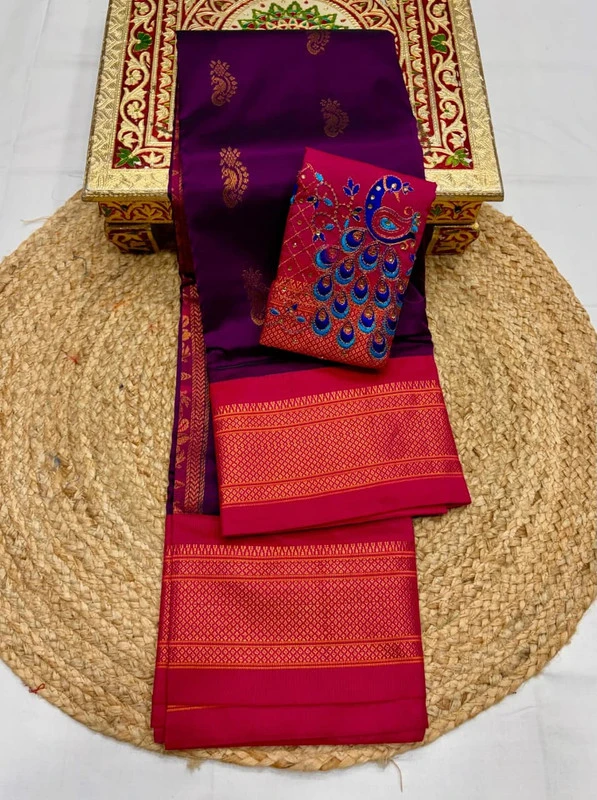 Magenta Semi Silk Paithani Saree with Peacock Embroidery Blouse