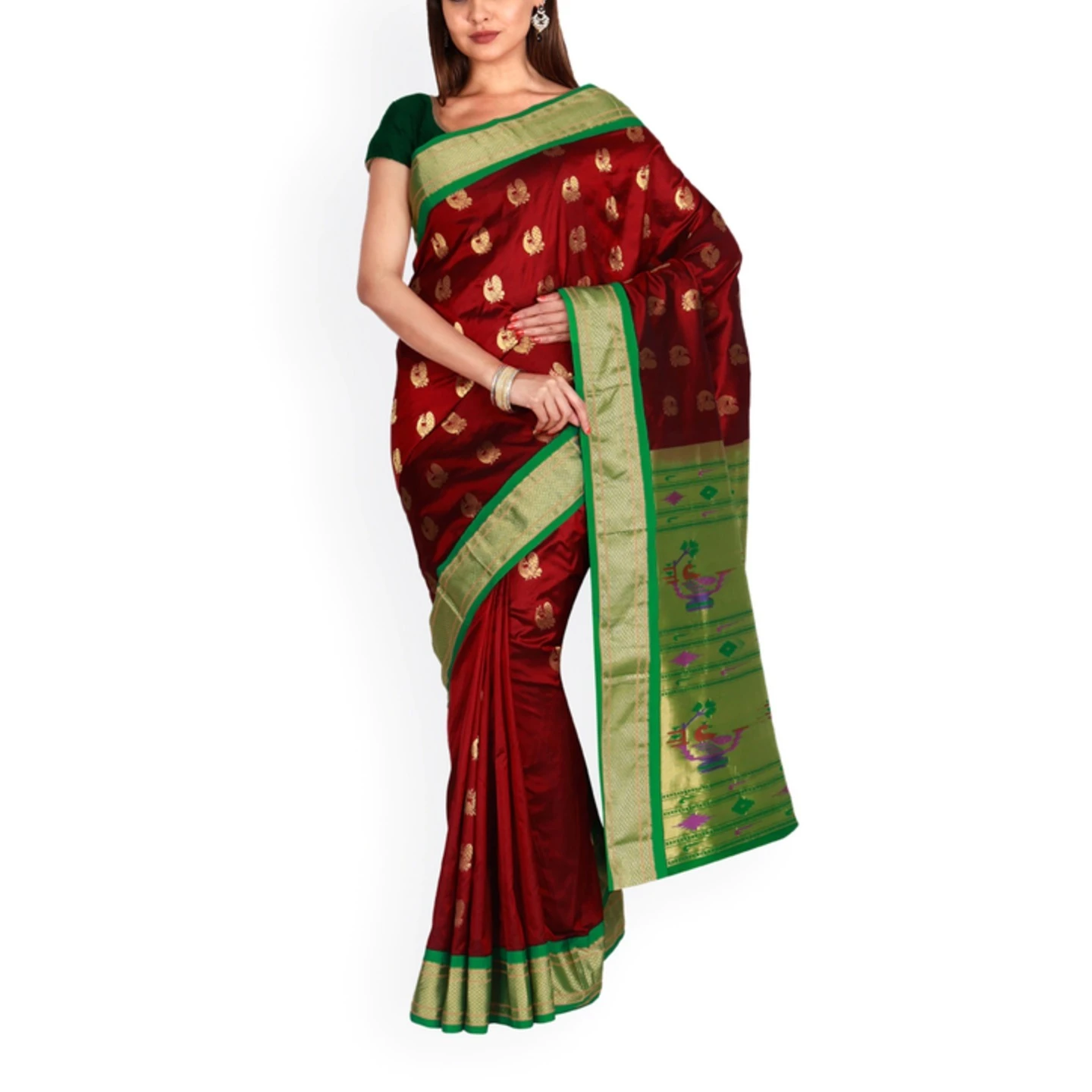Paithani Pure Silk  Marron and Green Border Meena Butta Saree with Silk Mark