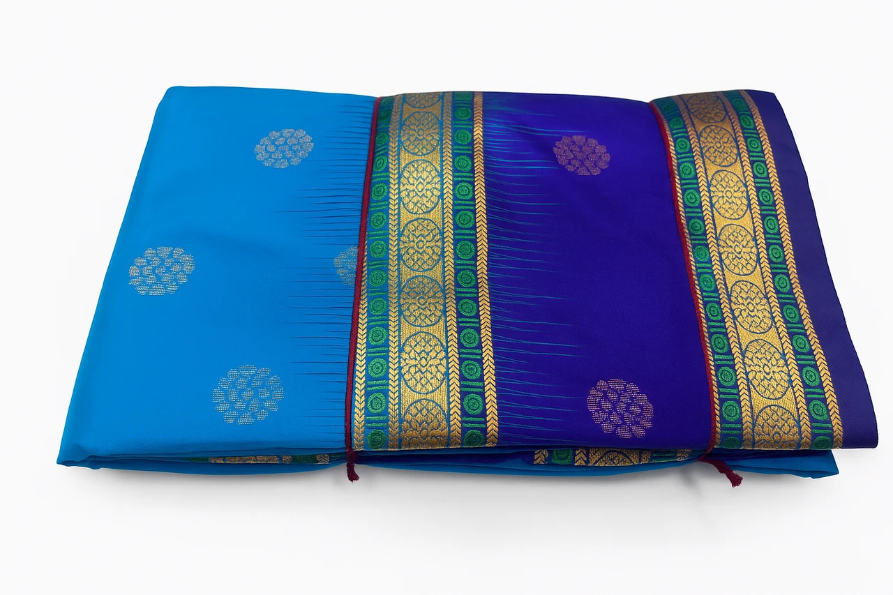 Ananda Blue with Violet Contrast Multicolor Exclusive Kanchipuram Pure Silk Saree with Bentex Border & Diamond Butta