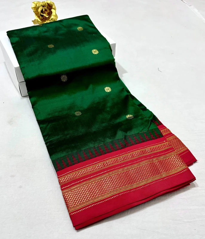 Dark Green pure Ilkaal Butta saree with Red zari contrast border and traditional gold motifs