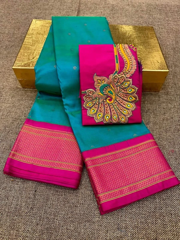 Aqua & Pink Semi Silk Paithani Saree with Peacock Embroidery Blouse