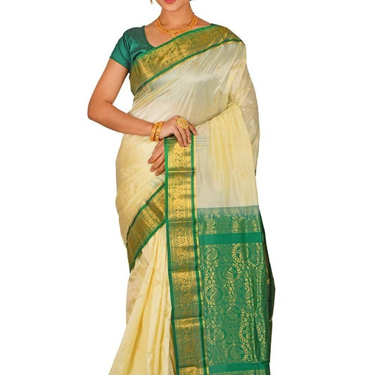 Traditional Arangetram Kanchipuram Pure Silk Saree in Off White with Green Contrast 