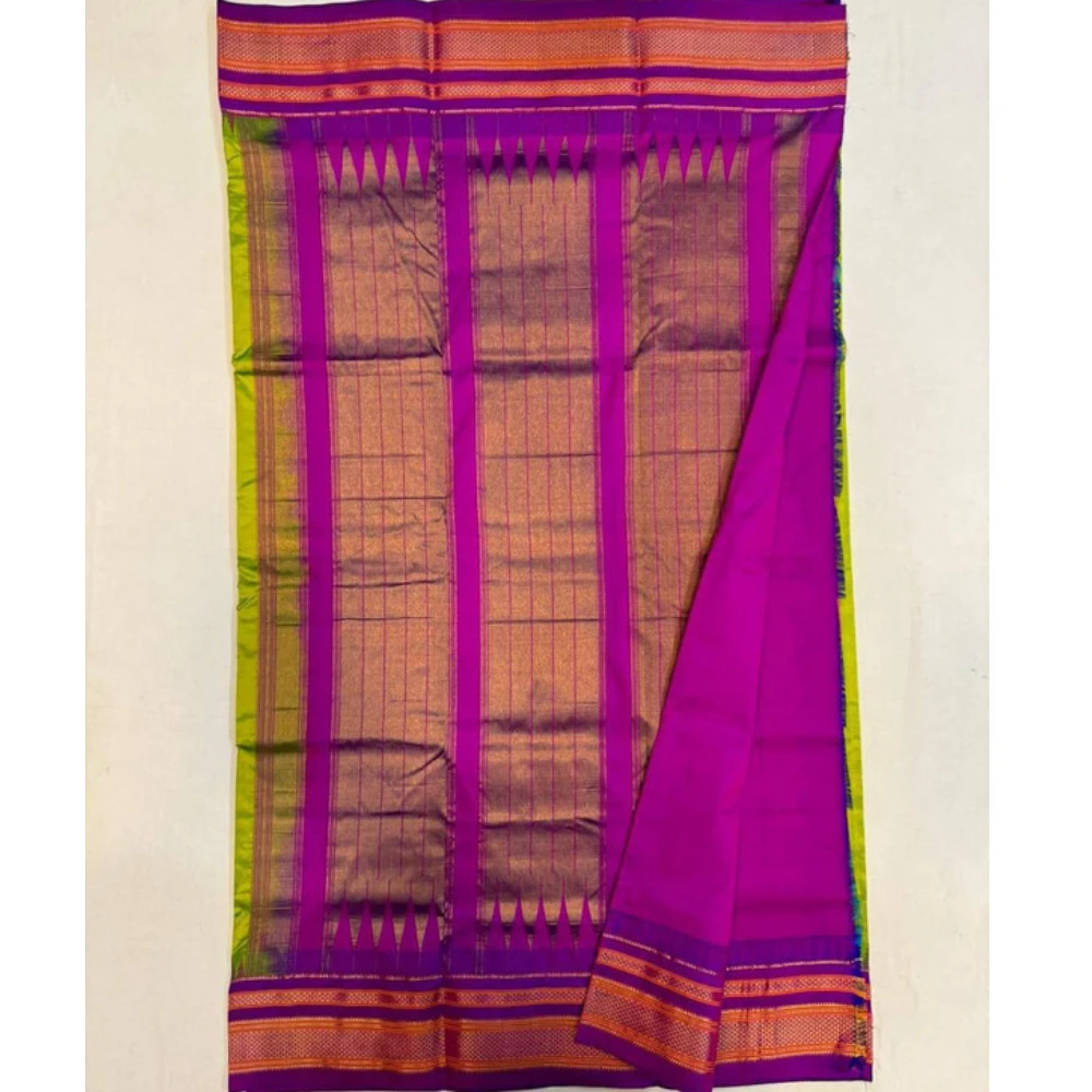Teal Gold Ilkaal Butta pure silk saree with zari border and traditional weaving