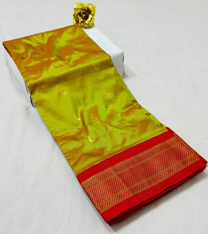 Sea Green with Red Border Paithani Pure Silk Saree with Meena Butta weaving and traditional zari border