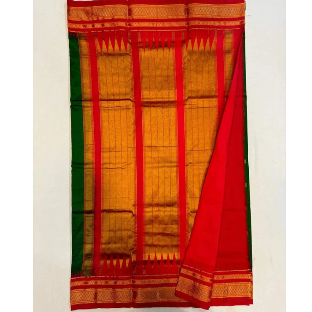 Pure Ilkaal Checks saree in Aqua Blue and Rani with zari border and traditional woven patterns
