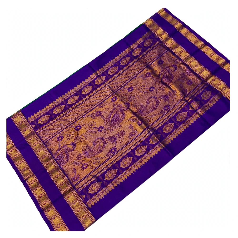 Orange and Violet Kanchipuram silk saree with Bentex border and golden motifs