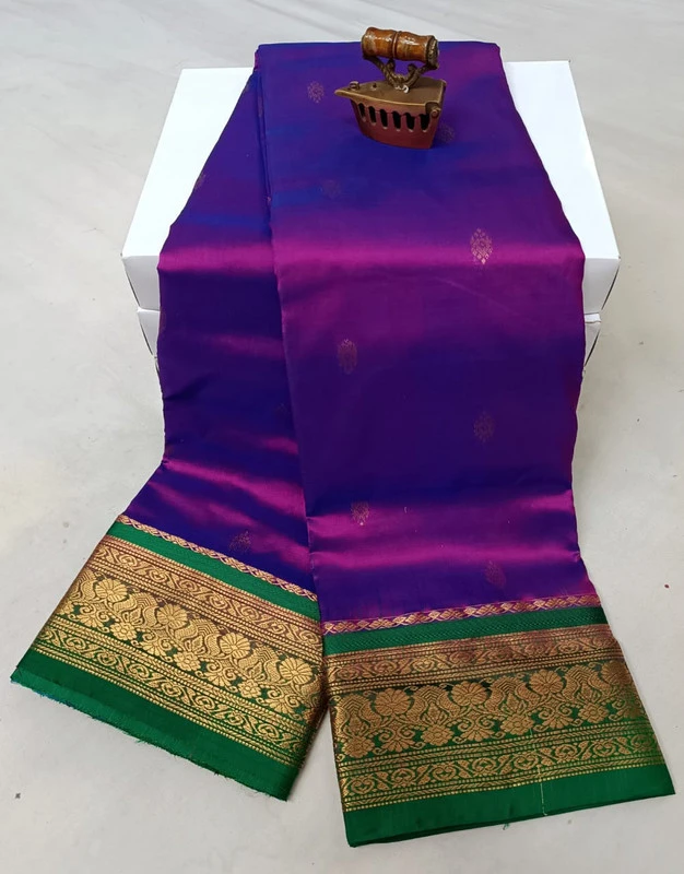 Magenta with Green Contrast traditional silk saree with zari border for wedding and festive wear