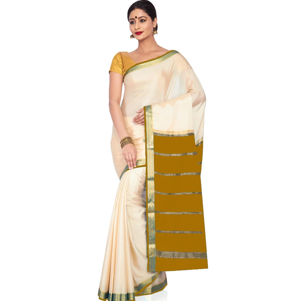 Tussar Cream with Yellow Contrast Onam Special Pure Mysore Silk Handwoven saree