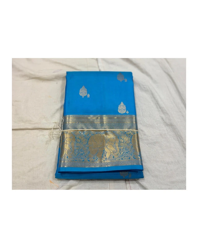 Sky Blue with Elephant Zari Kanchipuram Pure Silk Handloom Saree Silk Mark with Blouse - FabFashionz