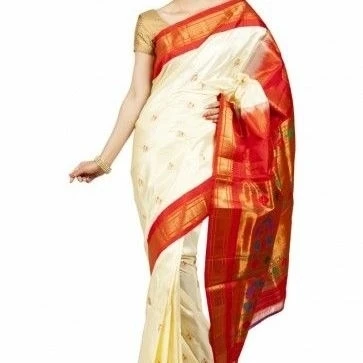 Paithani Pure Silk Milk White with Red  Border Meena Butta  Saree with Silk Mark