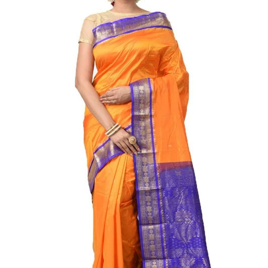 Traditional Kanchipuram Pure Silk Saree in Orange with Voilet Contrast 
