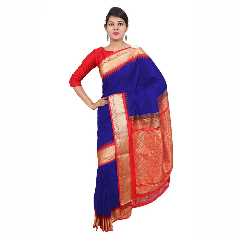 Royal Blue with Red Pallu Handwoven Pure Bangalore Silk Kadiyal Saree with Silk Mark