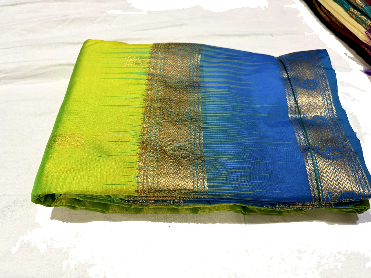 Lime Green & Blue Kanchipuram Pure Silk Saree with Blouse