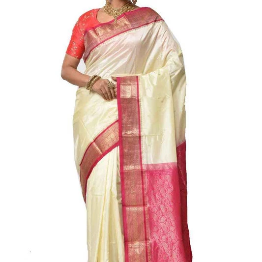 Tussar Cream and Rani Pink Blue Contrast Traditional Kanchipuram Pure Silk Saree