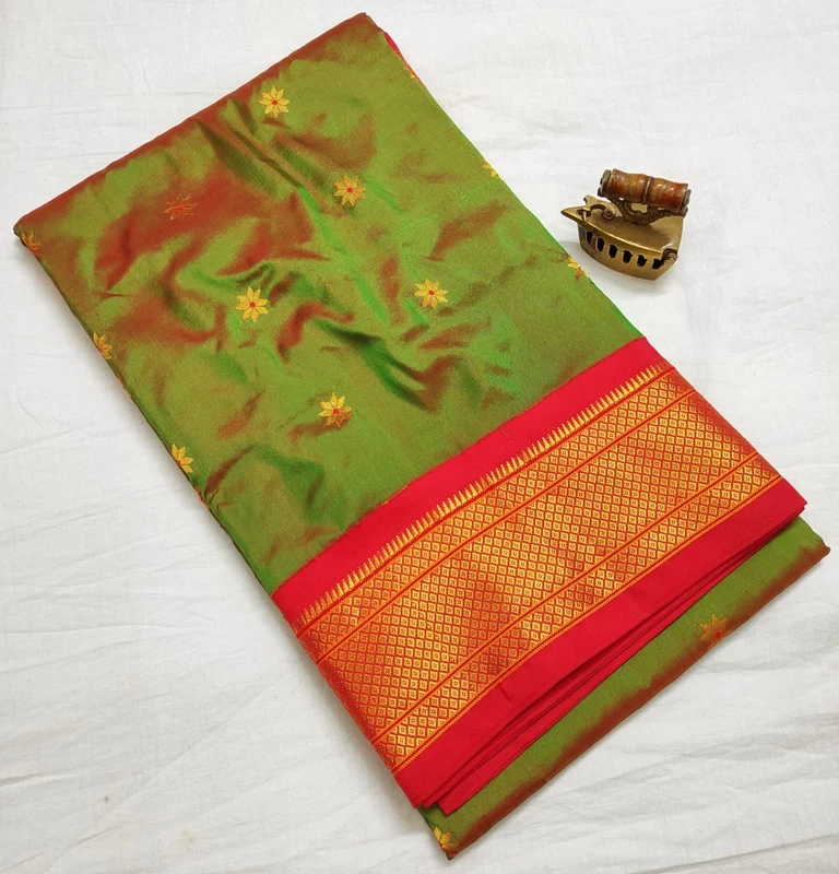 Olive Green Pure Silk Paithani Saree featuring luxurious silk fabric, rich zari woven borders, elegant traditional motifs