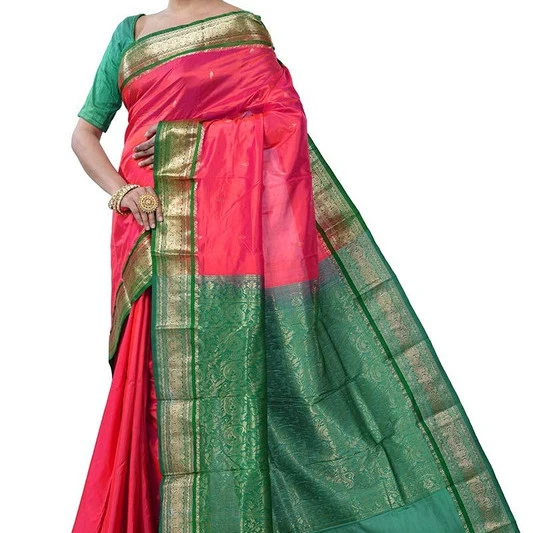 Red and Green Contrast Traditional Kanchipuram Pure Silk Saree