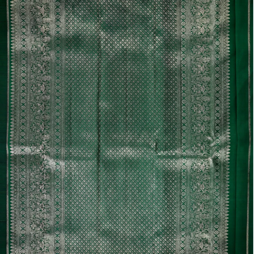 Dark Bottle Green with Gold Border Kanchipuram Pure Silk Handloom Saree Silk Mark with Blouse - FabFashionz