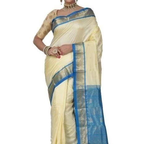 Off White and Blue Contrast Traditional Kanchipuram Pure Silk Saree